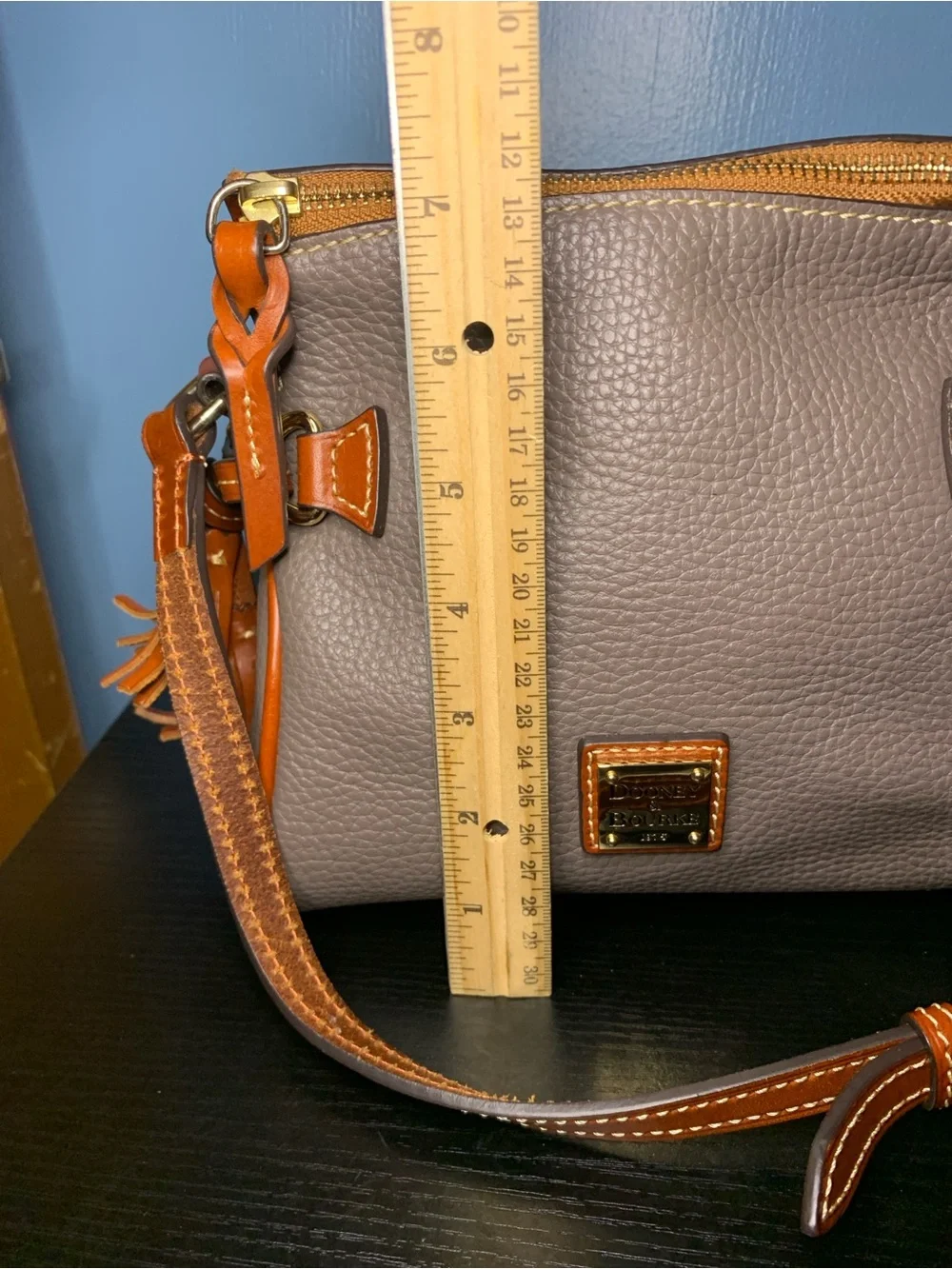 Dooney & Bourke Gray Pebble Leather Crossbody with Brown Trim